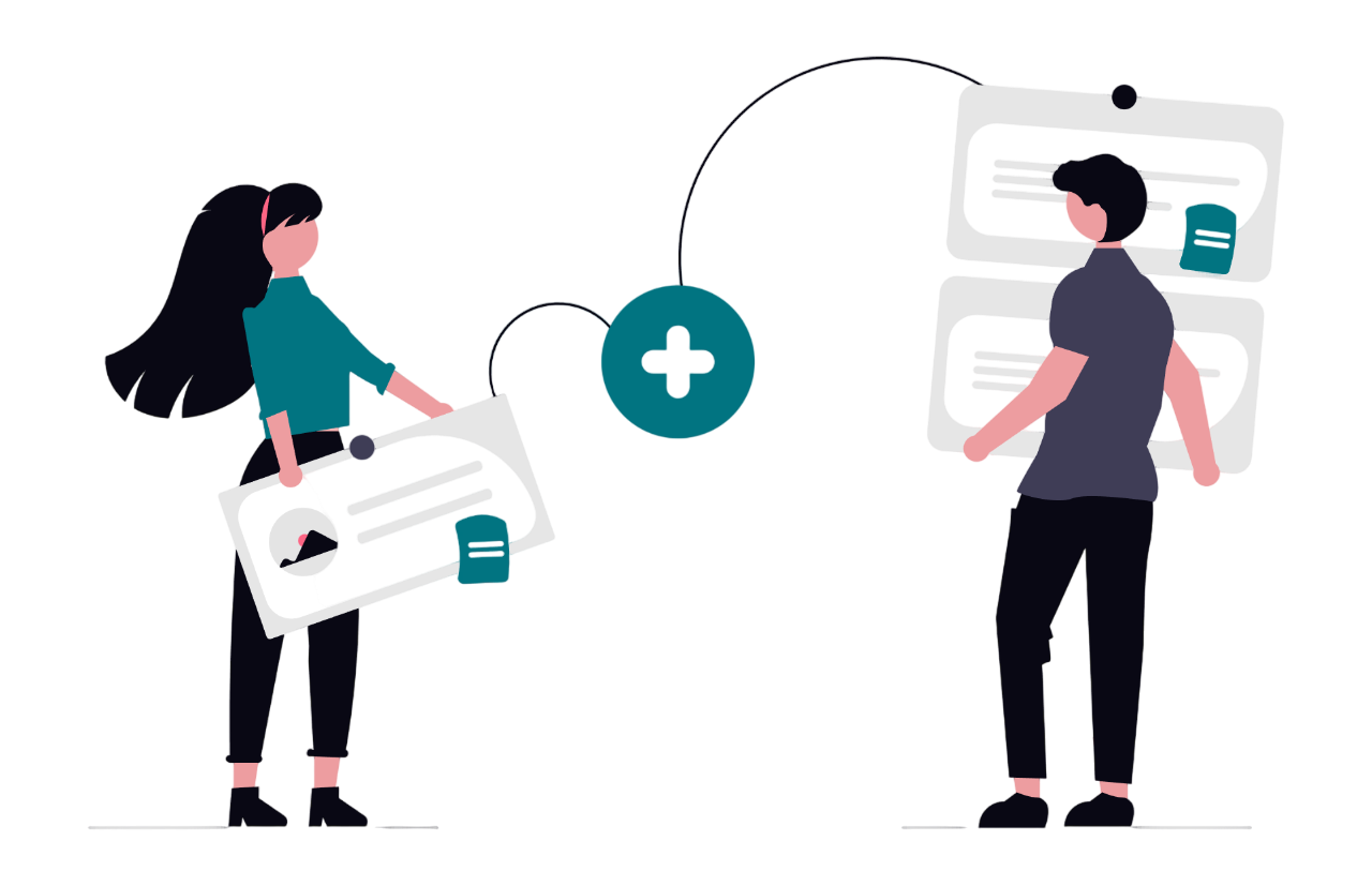 Illustration of two people sharing digital documents, linked by a plus icon for adding files.
