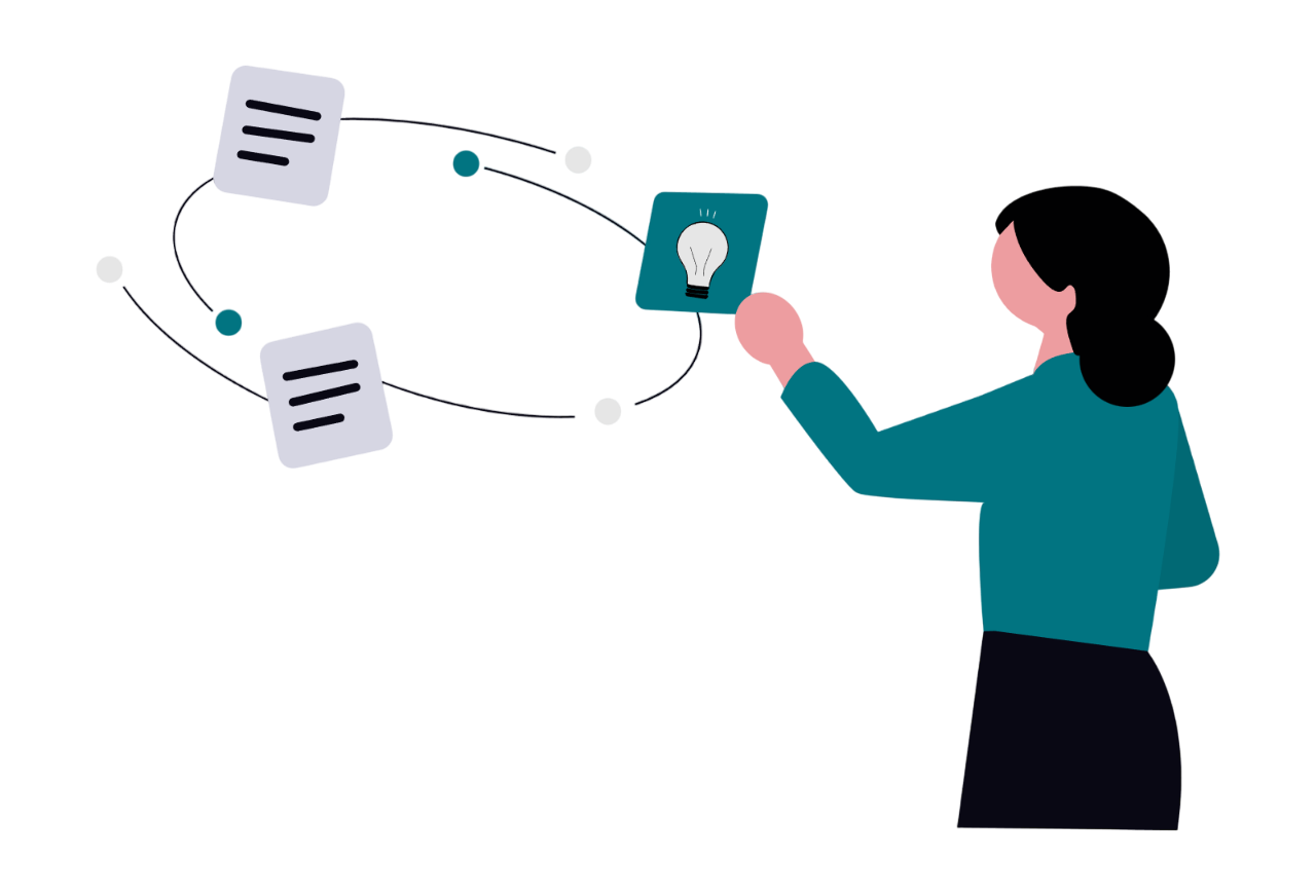 Illustration of a person selecting a lightbulb idea icon connected to documents in a digital workflow.