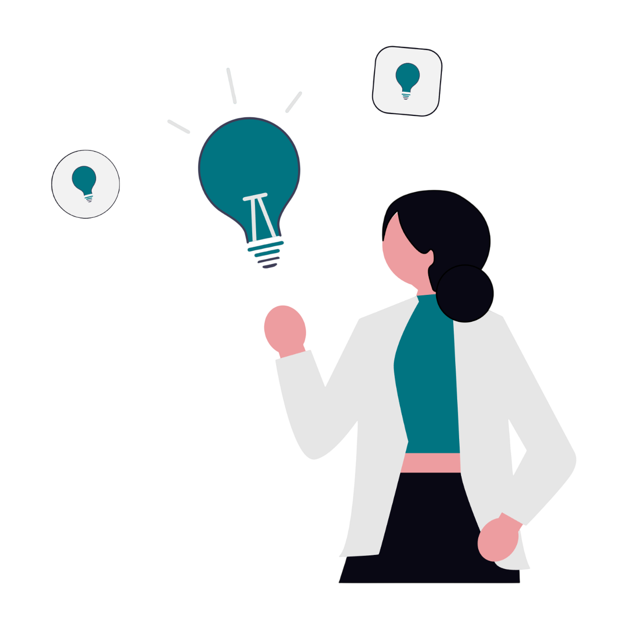 Illustration of a person in a lab coat holding a lightbulb idea icon, with smaller bulb icons.