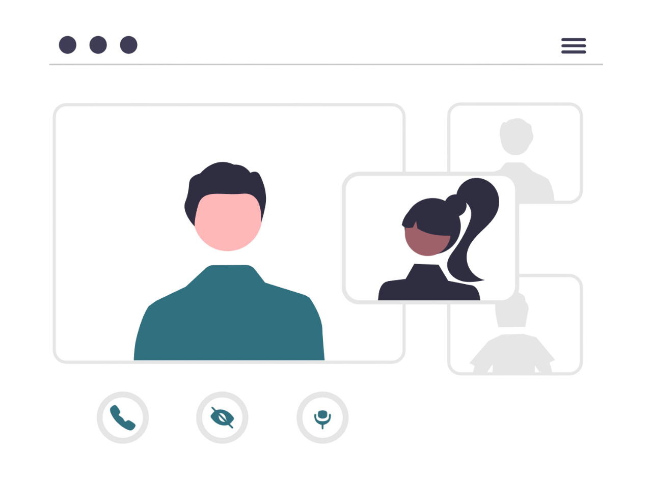 Illustration of a group video call interface with participant windows and call controls for audio and video.