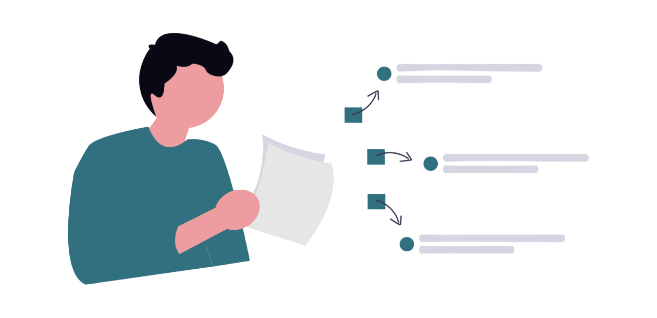 Illustration of a person holding documents beside a flowchart with arrows and bullet points for key insights.